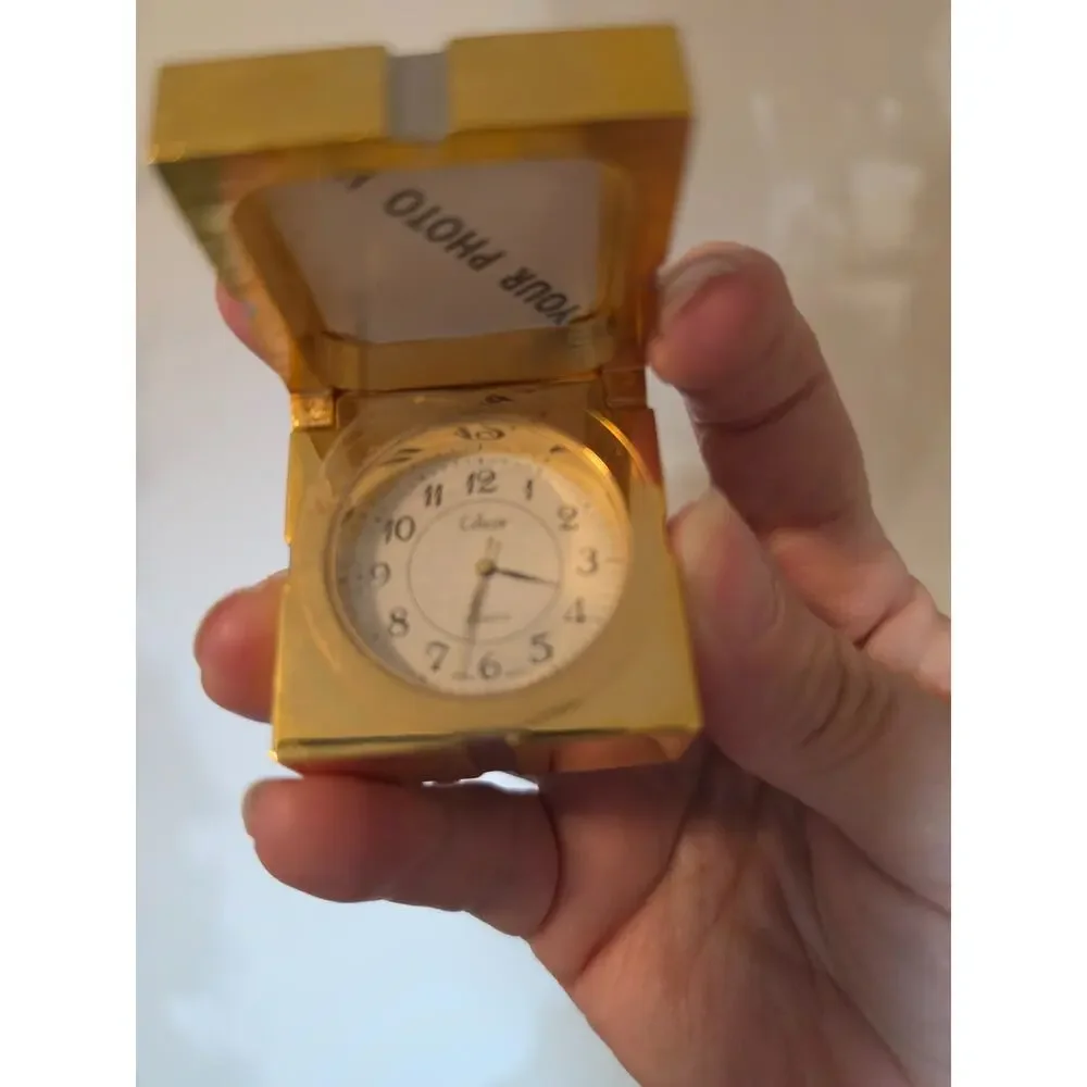 VTG Quartz Miniature Clock Picture Frame Brass-Tone Gift Box Clock Collezio